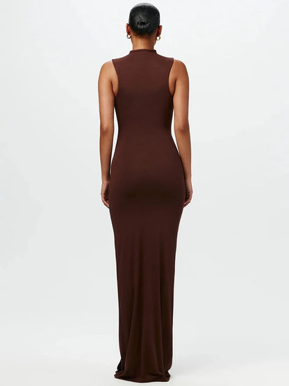 Vestido de tirantes irregular con cuello medio alto para mujer, nueva moda 2025, sin mangas, ajustado, fruncido, sexy, largo, elegante