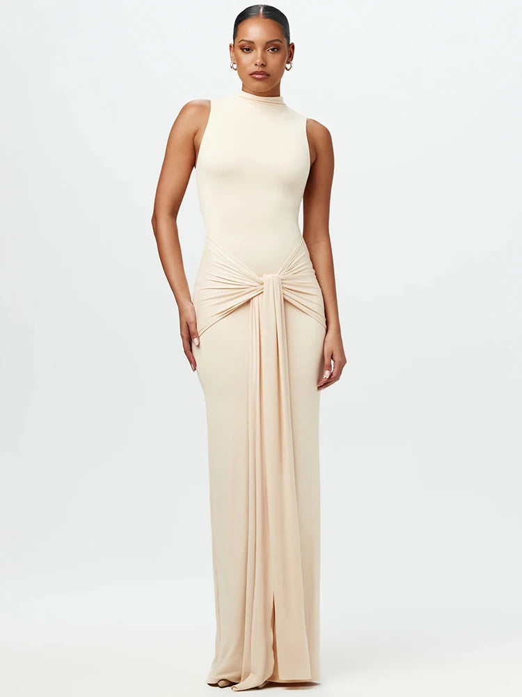 Vestido de tirantes irregular con cuello medio alto para mujer, nueva moda 2025, sin mangas, ajustado, fruncido, sexy, largo, elegante