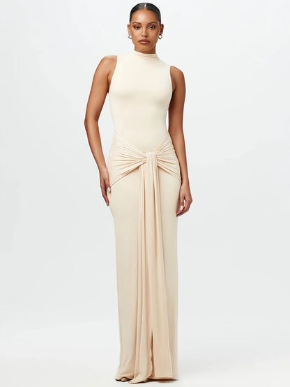Vestido de tirantes irregular con cuello medio alto para mujer, nueva moda 2025, sin mangas, ajustado, fruncido, sexy, largo, elegante