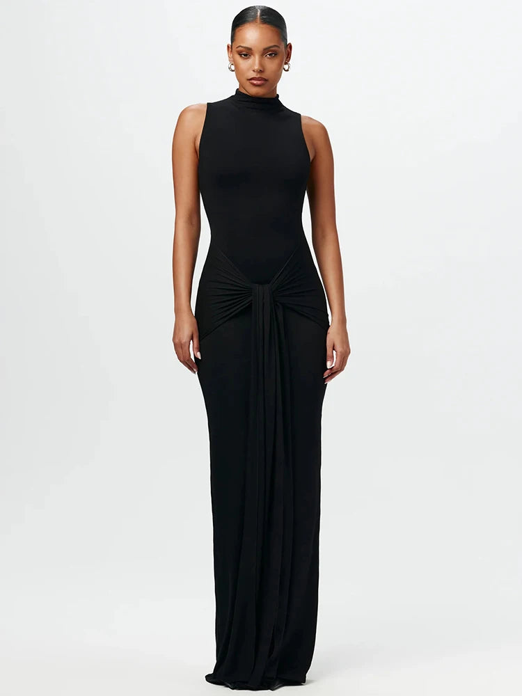 Vestido de tirantes irregular con cuello medio alto para mujer, nueva moda 2025, sin mangas, ajustado, fruncido, sexy, largo, elegante