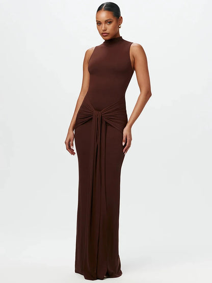 Vestido de tirantes irregular con cuello medio alto para mujer, nueva moda 2025, sin mangas, ajustado, fruncido, sexy, largo, elegante