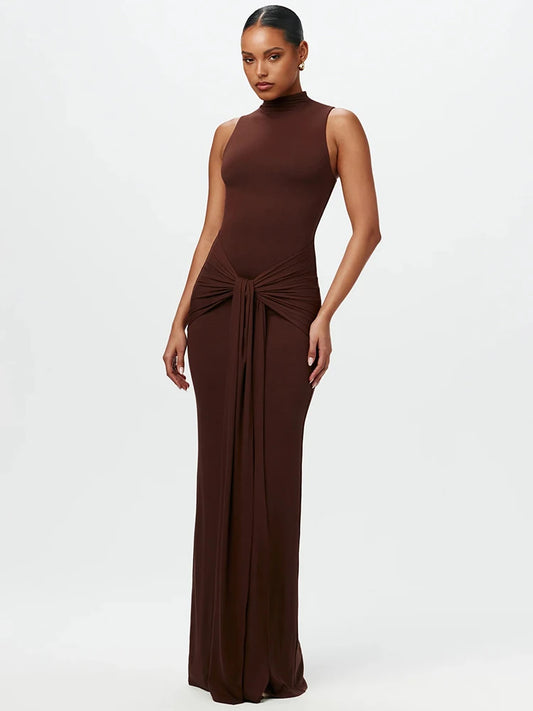 Half High Collar Irregular Tank Dress For Women 2025 New Fashion Sleeveless Bodycon Ruched Sexy Long Dress Elegant