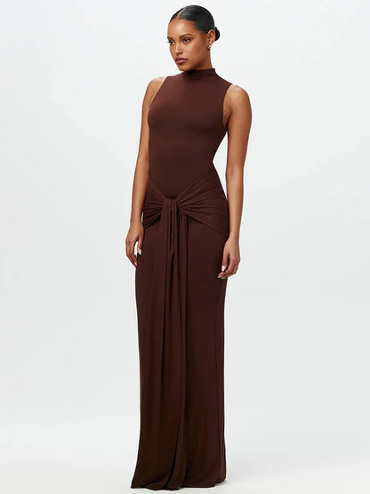 Vestido de tirantes irregular con cuello medio alto para mujer, nueva moda 2025, sin mangas, ajustado, fruncido, sexy, largo, elegante