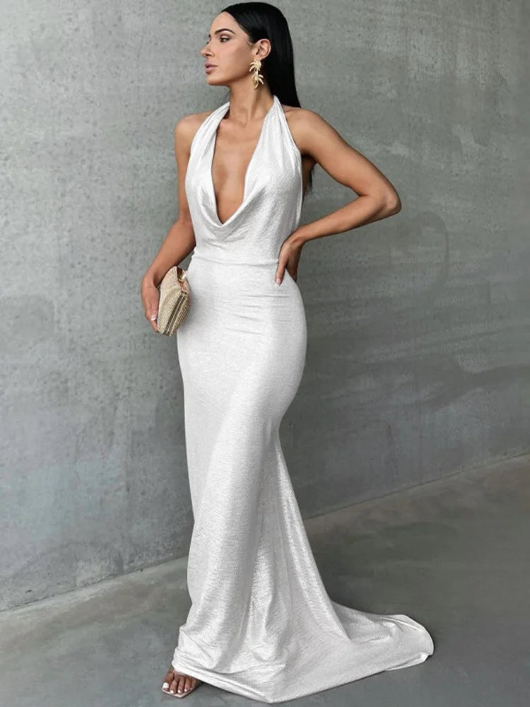 Vestido largo con cuello en V profundo y espalda descubierta para mujer, sin mangas, con cola de pez, elegante y sexy, para fiesta