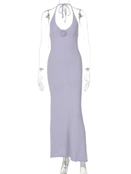 Vestido maxi sexy floral con cuello en V y cuello halter para mujer, elegante vestido de punto largo ajustado sin mangas con tirantes finos y espalda descubierta