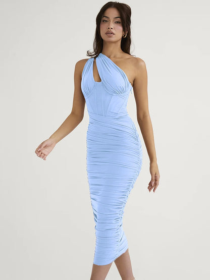 Vestido midi de malla de alta calidad con un hombro al descubierto y espalda descubierta para mujer, vestido largo fruncido sin mangas con agujeros a la moda