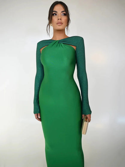 Hollow Out Sparkle Long Sleeve Maxi Dress For Women Glitter Vestidos Robe New Bodycon Shiny Night Club Party Long Dress