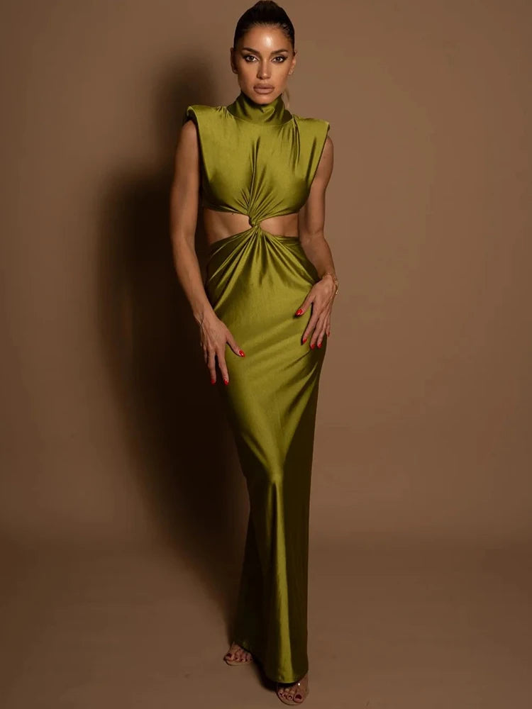 Vestido largo sexy de cuello alto con agujeros para mujer, vestido ajustado sin mangas liso a la moda para fiesta y club.