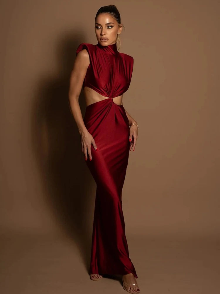 Vestido largo sexy de cuello alto con agujeros para mujer, vestido ajustado sin mangas liso a la moda para fiesta y club.