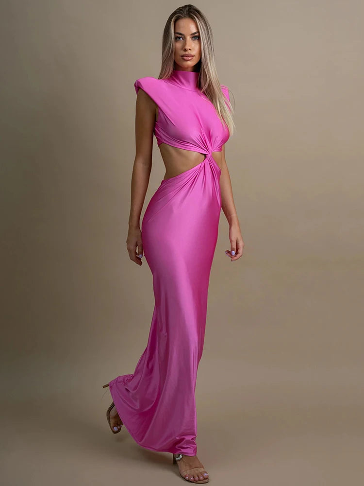 Vestido largo sexy de cuello alto con agujeros para mujer, vestido ajustado sin mangas liso a la moda para fiesta y club.