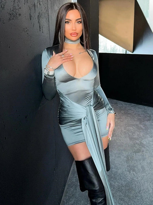 Vestido mini sexy irregular para mujer, corte bajo, manga larga, fruncido, ajustado, elegante, para fiesta en club, nuevo