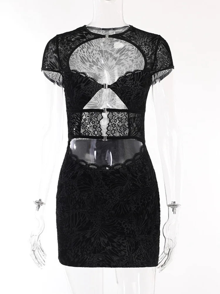 Vestido mini sexy con encaje calado y estampado para mujer, vestido de otoño nuevo negro sin tirantes, manga corta, ajustado, sexy, para club.