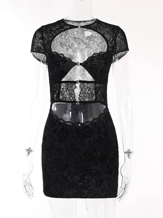 Vestido mini sexy con encaje calado y estampado para mujer, vestido de otoño nuevo negro sin tirantes, manga corta, ajustado, sexy, para club.