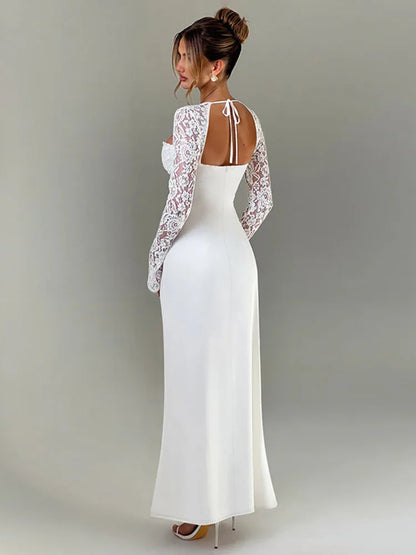 Lace Long Sleeve Sexy Maxi Dress Women Autumn New Square Collar Backless Lace-up High Split Sexy Club Party Long Dress
