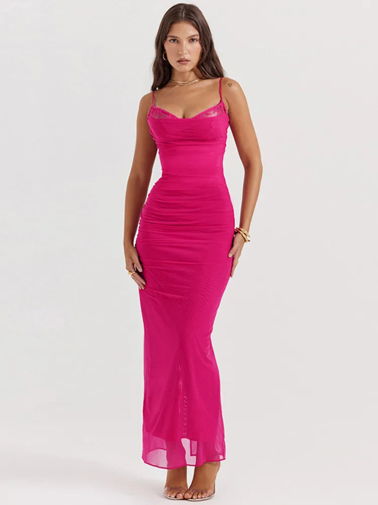 Lace Mesh Backless Sexy Maxi Dress For Women 2025 New Spaghetti Strap Sleeveless Bodycon Sexy Club Party Dress Elegant