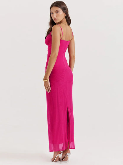 Lace Mesh Backless Sexy Maxi Dress For Women 2025 New Spaghetti Strap Sleeveless Bodycon Sexy Club Party Dress Elegant