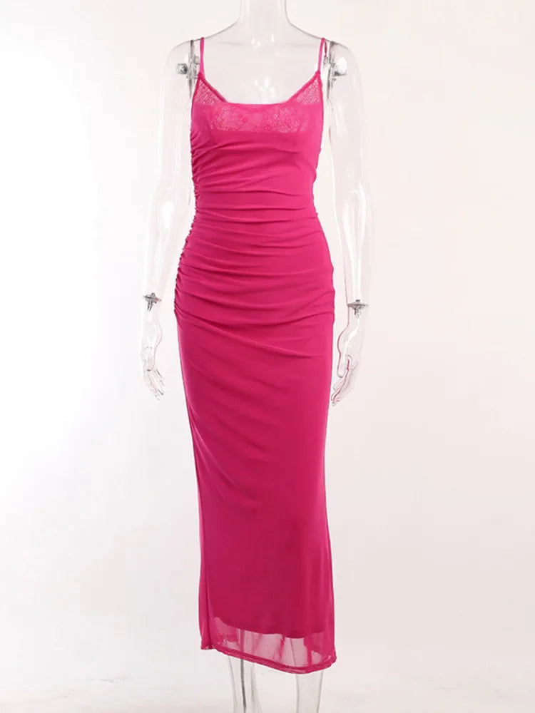 Lace Mesh Backless Sexy Maxi Dress For Women 2025 New Spaghetti Strap Sleeveless Bodycon Sexy Club Party Dress Elegant