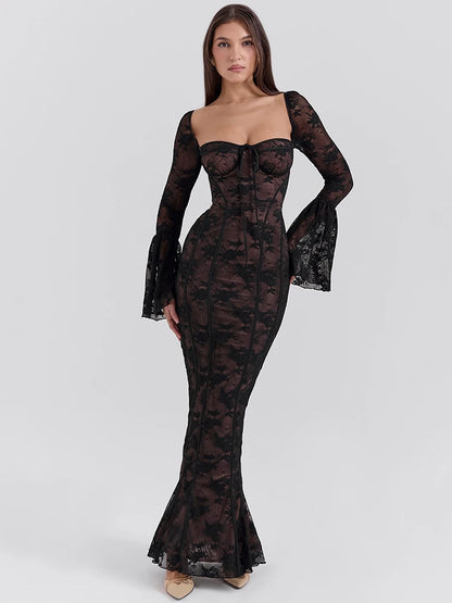 Vestido maxi sexy de manga larga acampanada con estampado de encaje para mujer, vestido sexy de moda con cuello cuadrado, sin espalda, ajustado al cuerpo para fiesta y club.