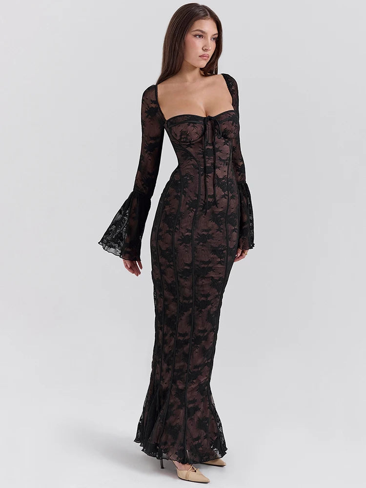 Vestido maxi sexy de manga larga acampanada con estampado de encaje para mujer, vestido sexy de moda con cuello cuadrado, sin espalda, ajustado al cuerpo para fiesta y club.