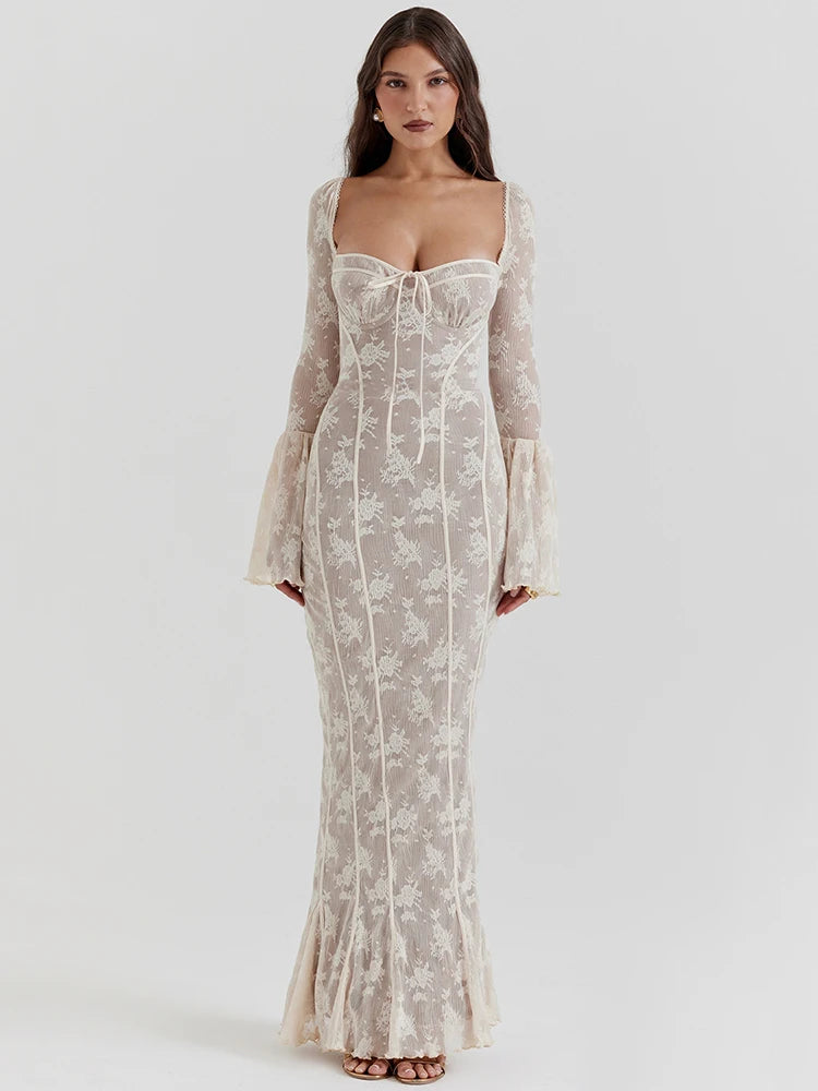 Vestido maxi sexy de manga larga acampanada con estampado de encaje para mujer, vestido sexy de moda con cuello cuadrado, sin espalda, ajustado al cuerpo para fiesta y club.