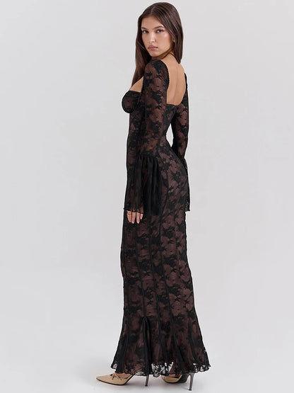Vestido maxi sexy de manga larga acampanada con estampado de encaje para mujer, vestido sexy de moda con cuello cuadrado, sin espalda, ajustado al cuerpo para fiesta y club.