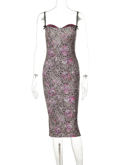 Vestido midi sexy con estampado de leopardo para mujer, vestido largo elegante con abertura y tirantes finos, sin mangas y espalda descubierta