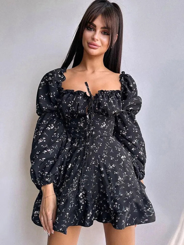 Vestido floral de manga larga abullonada para mujer, vestido de otoño invierno con cuello cuadrado y espalda descubierta, vestidos elegantes de moda femenina, nuevo