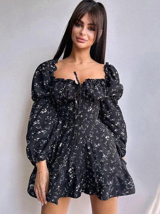 Long Puff Sleeve Floral Dress Wmen Autumn Winter Square Collar Backless Dress Female Fashion Elegant Dresses New