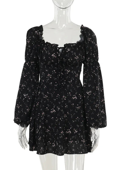 Vestido floral de manga larga abullonada para mujer, vestido de otoño invierno con cuello cuadrado y espalda descubierta, vestidos elegantes de moda femenina, nuevo