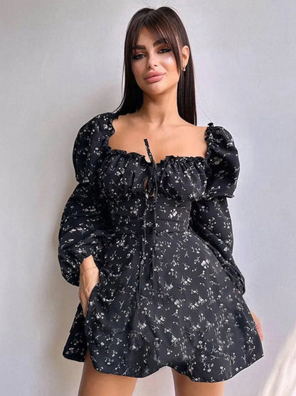 Vestido floral de manga larga abullonada para mujer, vestido de otoño invierno con cuello cuadrado y espalda descubierta, vestidos elegantes de moda femenina, nuevo