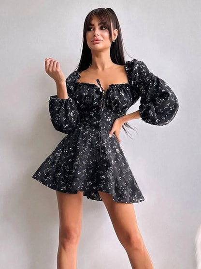 Vestido floral de manga larga abullonada para mujer, vestido de otoño invierno con cuello cuadrado y espalda descubierta, vestidos elegantes de moda femenina, nuevo