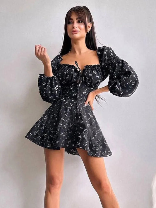 Long Puff Sleeve Floral Dress Wmen Autumn Winter Square Collar Backless Dress Female Fashion Elegant Dresses New