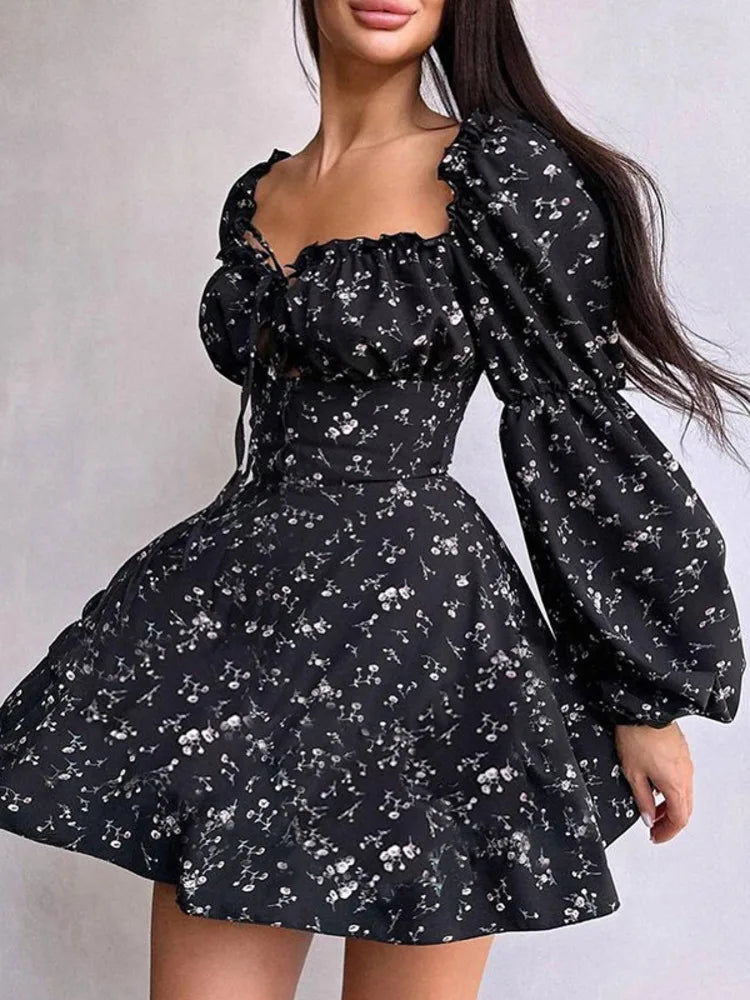 Vestido floral de manga larga abullonada para mujer, vestido de otoño invierno con cuello cuadrado y espalda descubierta, vestidos elegantes de moda femenina, nuevo