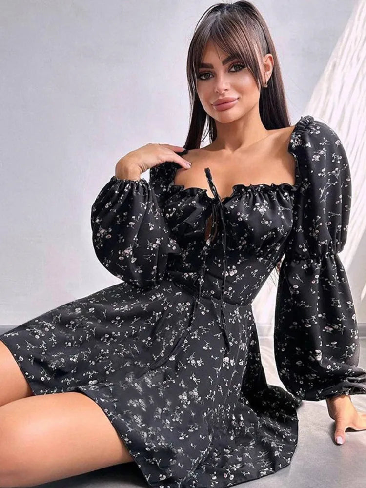 Vestido floral de manga larga abullonada para mujer, vestido de otoño invierno con cuello cuadrado y espalda descubierta, vestidos elegantes de moda femenina, nuevo