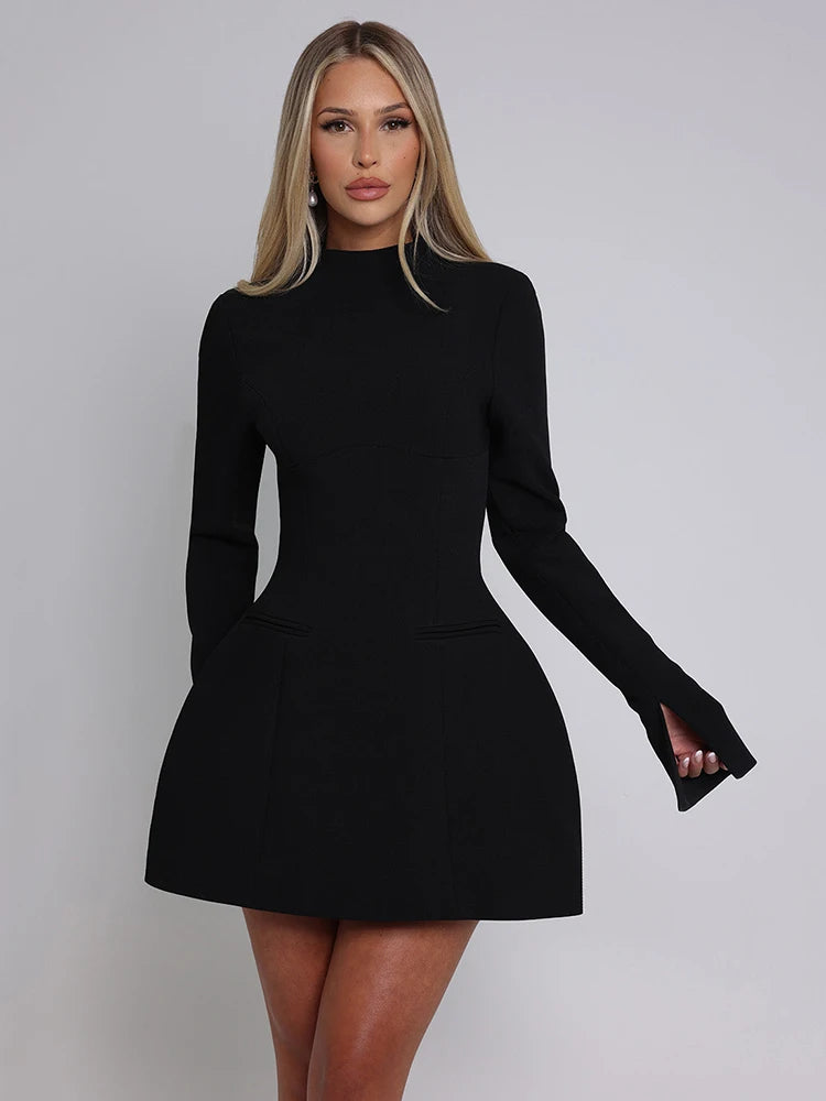 Vestido mini sexy de manga larga sin espalda para mujer, otoño invierno, nuevo, cuello redondo, cintura alta, corte A, vestido sexy elegante para fiesta en club.