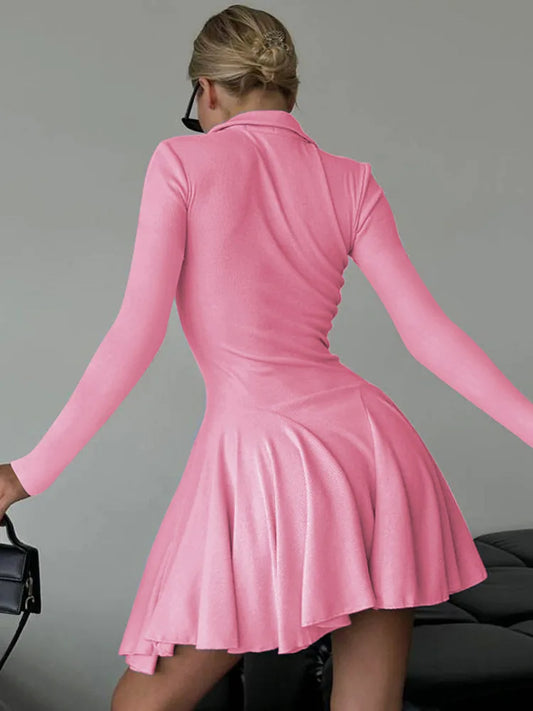 Vestido mini de punto plisado de manga larga para mujer, bata de otoño e invierno, nuevo vestido de suéter de punto con solapa y cintura alta, elegante