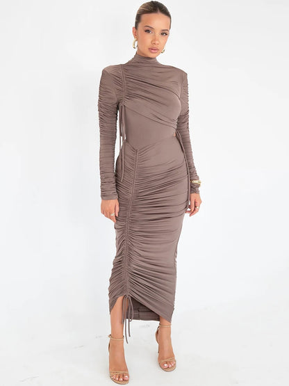 Vestido maxi sexy fruncido de manga larga para mujer Otoño Invierno Nuevo cordón cuello alto ajustado sexy vestido largo elegante