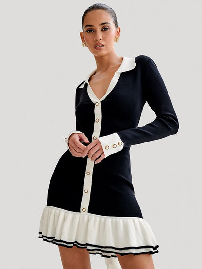 Vestido mini de punto con volantes y manga larga para mujer, otoño, nuevo, cuello en V, perla, botonadura sencilla, lazo, vendaje, elegante