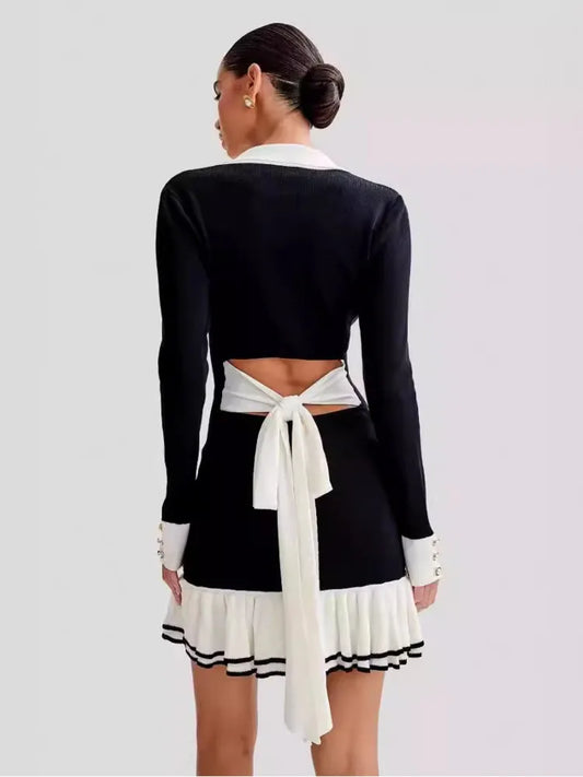 Vestido mini de punto con volantes y manga larga para mujer, otoño, nuevo, cuello en V, perla, botonadura sencilla, lazo, vendaje, elegante