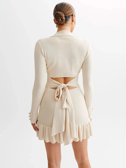 Vestido mini de punto con volantes y manga larga para mujer, otoño, nuevo, cuello en V, perla, botonadura sencilla, lazo, vendaje, elegante