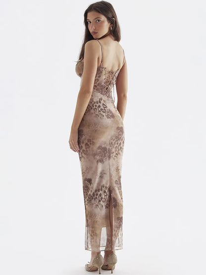 Mesh Floral Print Maxi Dress Women Spaghetti Strap Sleeveless Lace-up Split Sundress Ladies Club Party Long Tank Dress