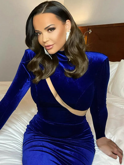 Mesh Patchwork Bodycon Maxi Dress For Women Blue Autumn Winter New Turtleneck Long Sleeve Split Dress Elegant Clothes
