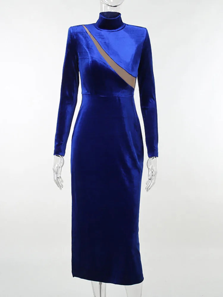 Mesh Patchwork Bodycon Maxi Dress For Women Blue Autumn Winter New Turtleneck Long Sleeve Split Dress Elegant Clothes