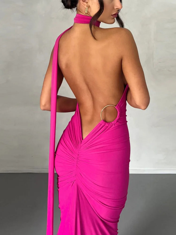 Oblique Shoulder Backless Maxi Dress For Women Gown Summer Back Strap Sleeveless Ruched Party Sexy Long Dress Vestidos