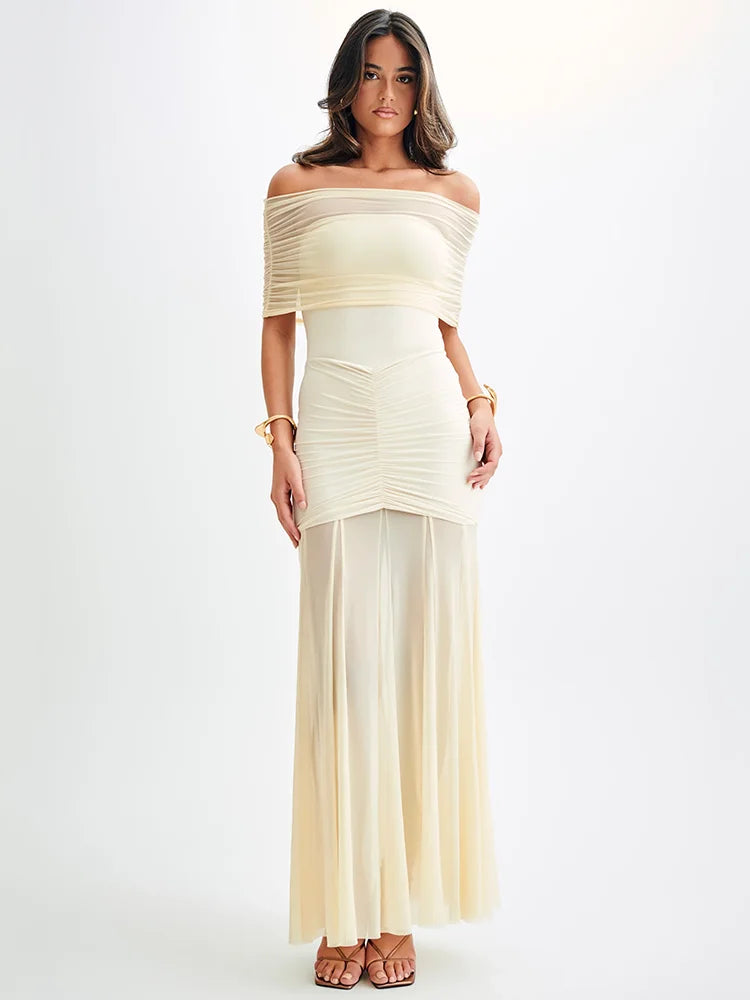 Off-shoulder Backless Sexy Maxi Dress For Women Gown Fashion Mesh Strapless Sleeveless Bodycon Long Dress Elegant