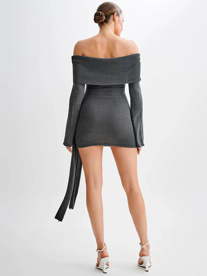 Vestido mini de punto con hombros descubiertos para mujer, otoño invierno, nuevo, sin tirantes, espalda descubierta, manga larga, fruncido, drapeado, vestido de punto
