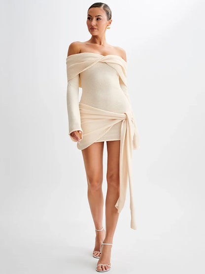 Vestido mini de punto con hombros descubiertos para mujer, otoño invierno, nuevo, sin tirantes, espalda descubierta, manga larga, fruncido, drapeado, vestido de punto