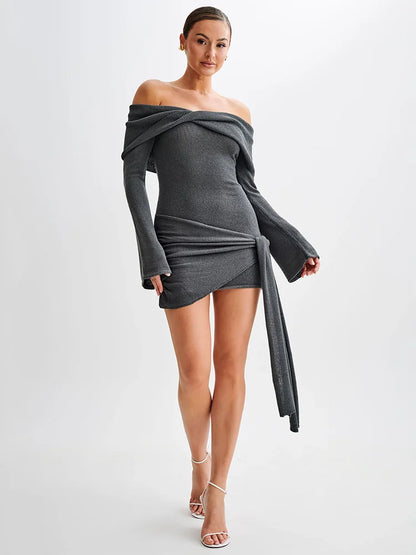 Vestido mini de punto con hombros descubiertos para mujer, otoño invierno, nuevo, sin tirantes, espalda descubierta, manga larga, fruncido, drapeado, vestido de punto