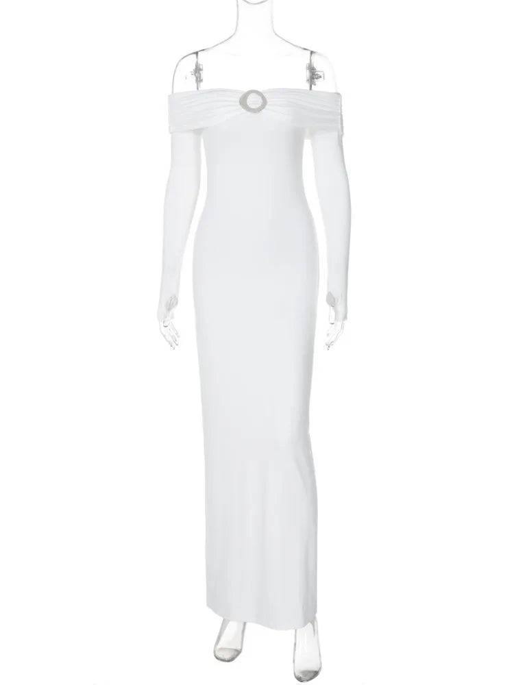Vestido largo sexy de manga larga con hombros descubiertos para mujer, nuevo vestido de otoño sin tirantes, espalda descubierta, ajustado, elegante, para fiesta en club.