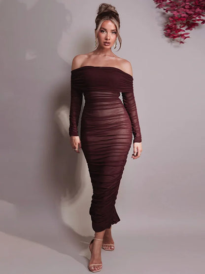 Vestido maxi sexy de manga larga con hombros descubiertos para mujer, nuevo vestido de otoño sin tirantes, espalda descubierta, ajustado, fruncido, para fiesta